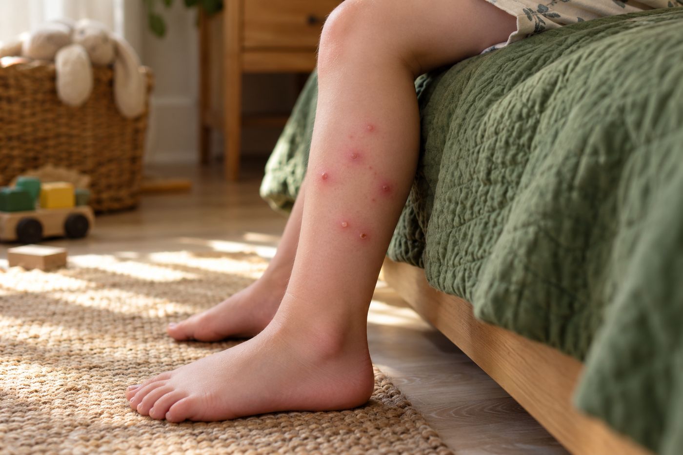 Clusters of itchy bumps on a child's lower leg, some with tiny blisters on top