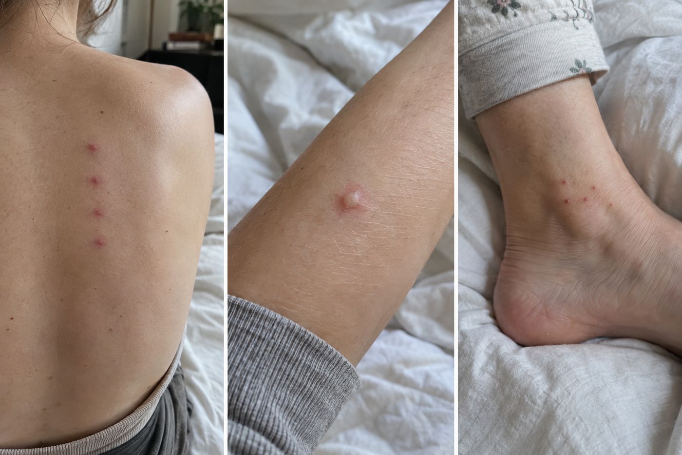 Three bite types side by side: a line of bed bug bites on the back, a single mosquito welt on an arm, flea bites around an ankle
