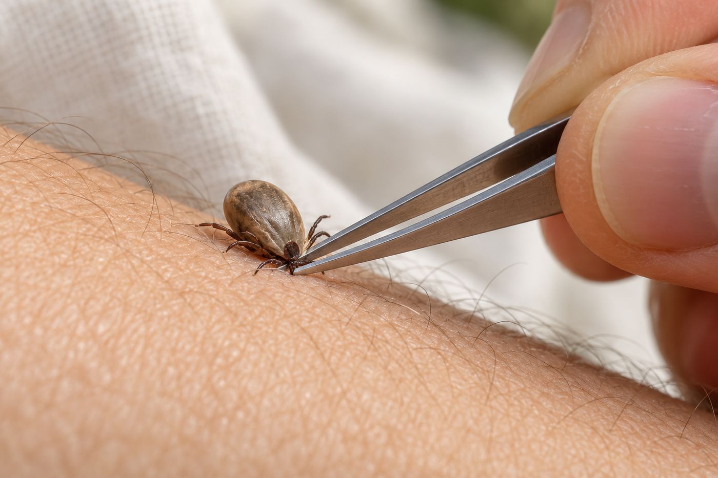 Fine-tipped tweezers gripping a tick close to the skin of a forearm