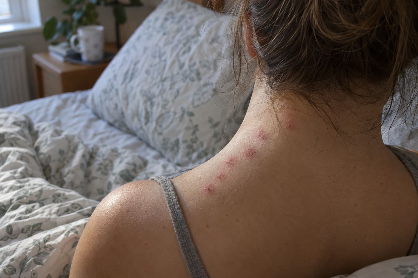 Line of bed bug bites on the neck and shoulder in the morning