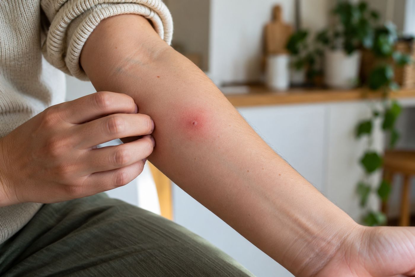 Single small red bump with a puncture point on a forearm
