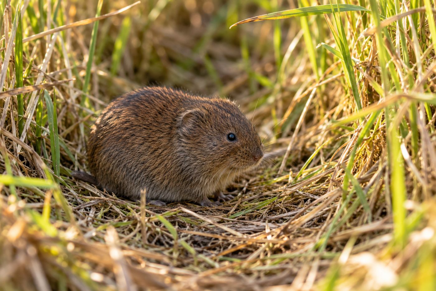 Meadow vole in a grass runway at the edge of a lawn