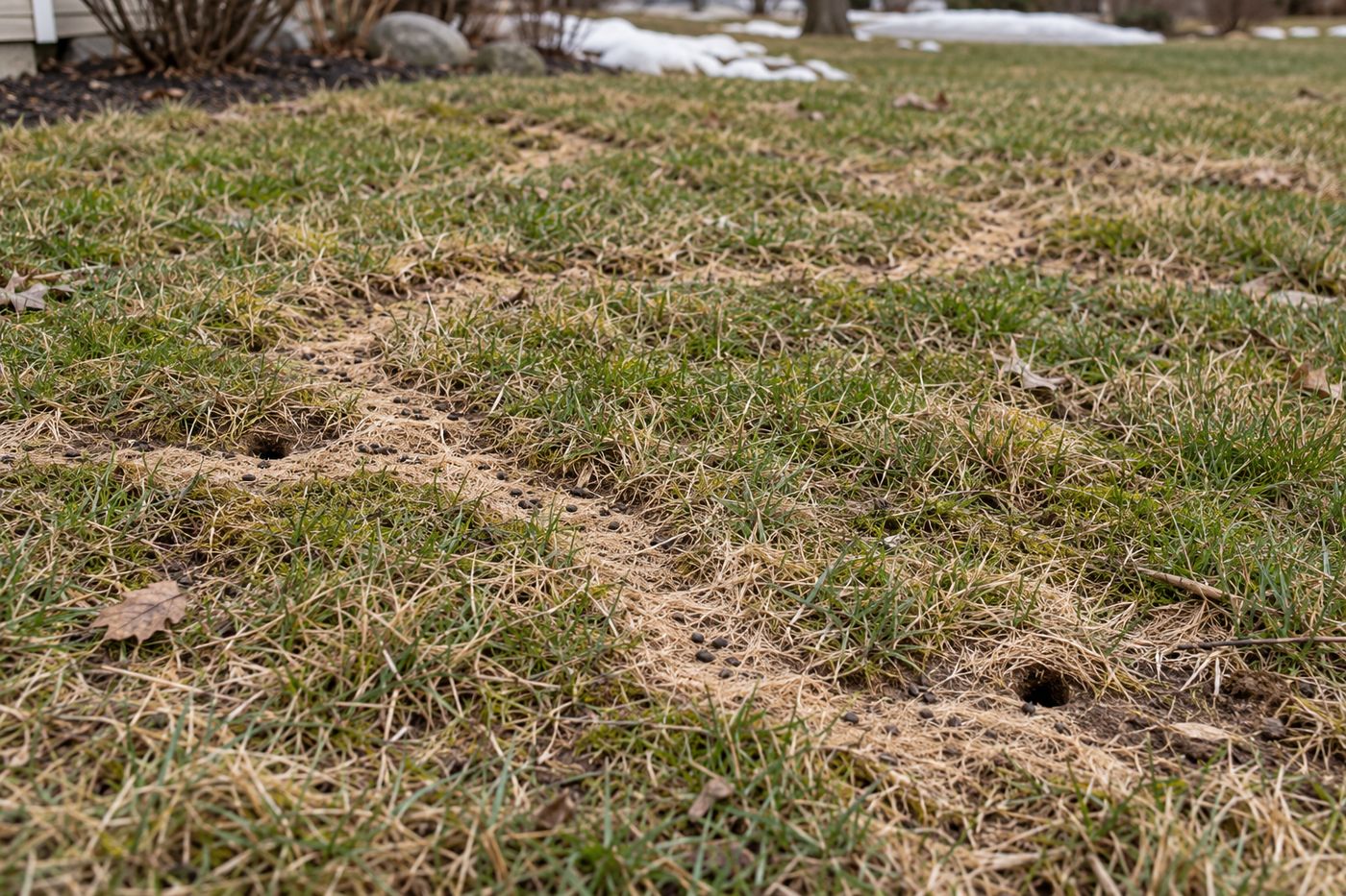 Network of vole runways in a lawn after snow melt