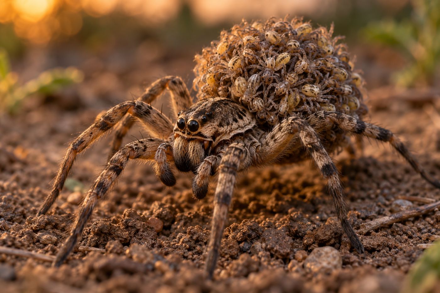 Female wolf spider carrying dozens of spiderlings on her back