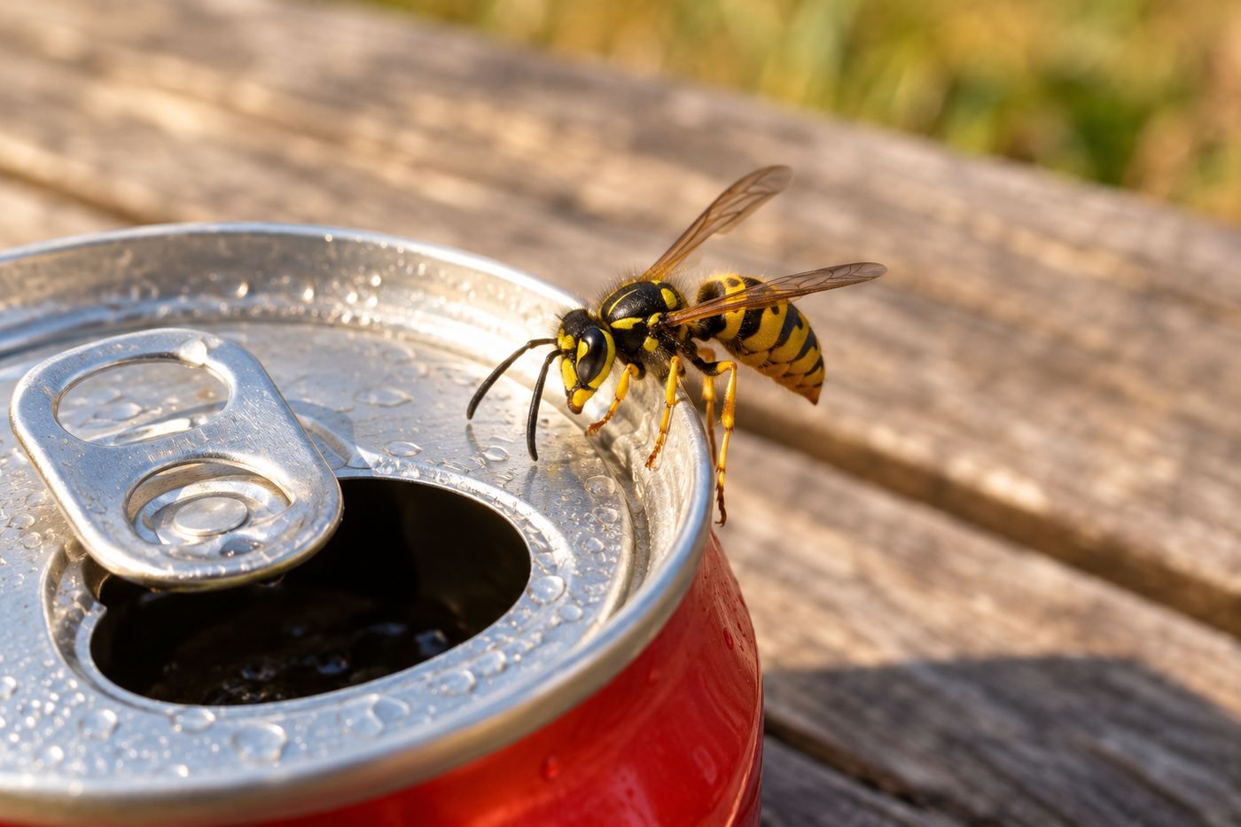 Yellow jacket crawling on the rim of an open soda can on a picnic table