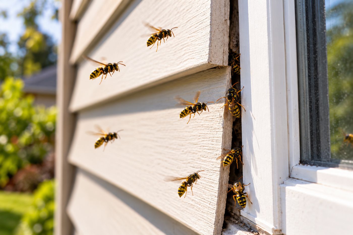 Yellow jackets entering a gap in house siding near a window