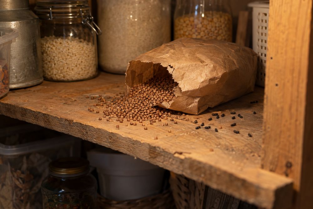 Chewed food bag and mouse droppings on a pantry shelf
