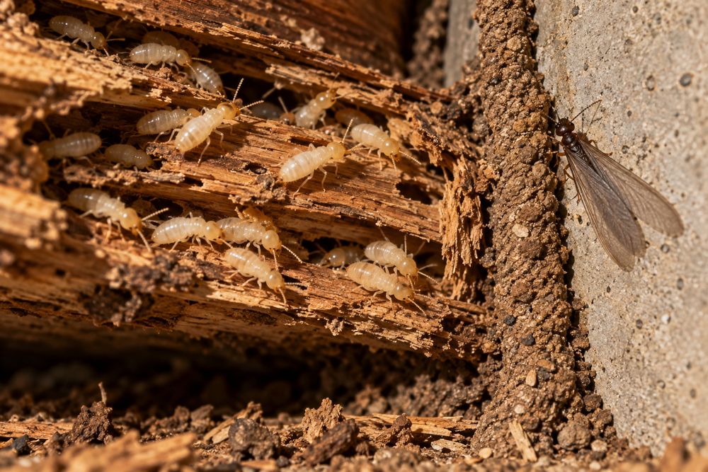 Termite workers on damaged wood next to a mud tube