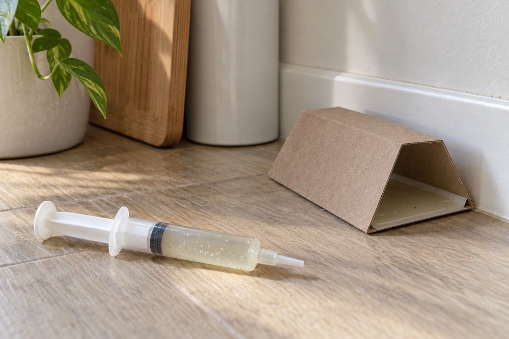 Bait syringe and a glue trap on a kitchen floor