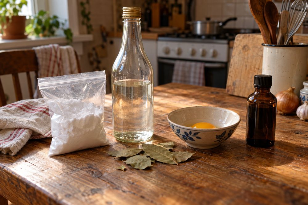 Boric acid, vinegar and bay leaves on a kitchen table